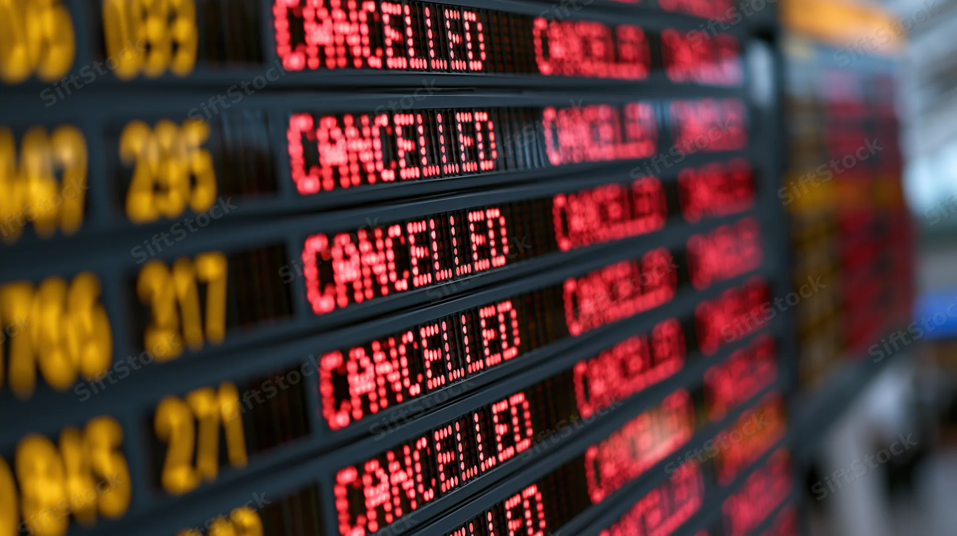 Digital departure board showing multiple flights cancelled in red text at airport terminal