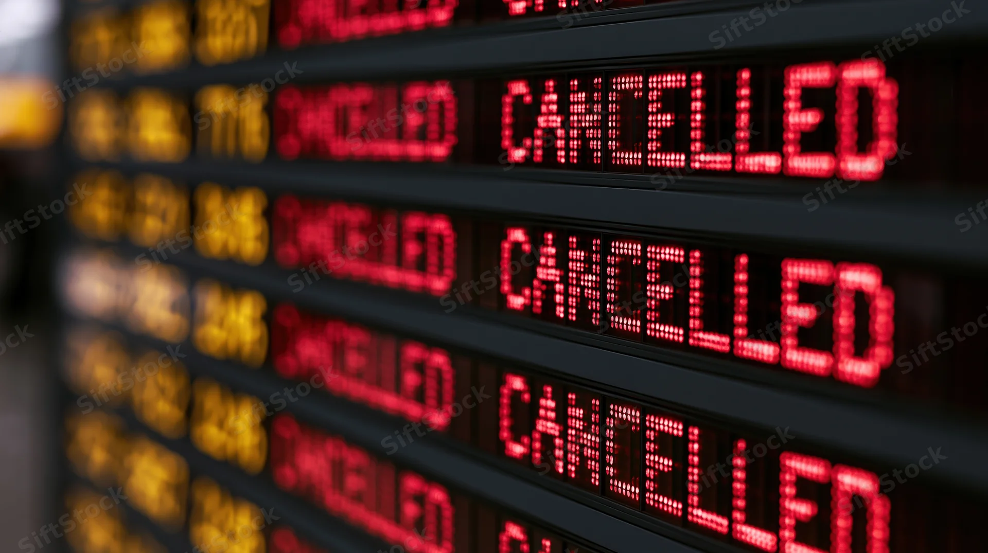 Digital departure board showing multiple flights cancelled in red led text at airport terminal