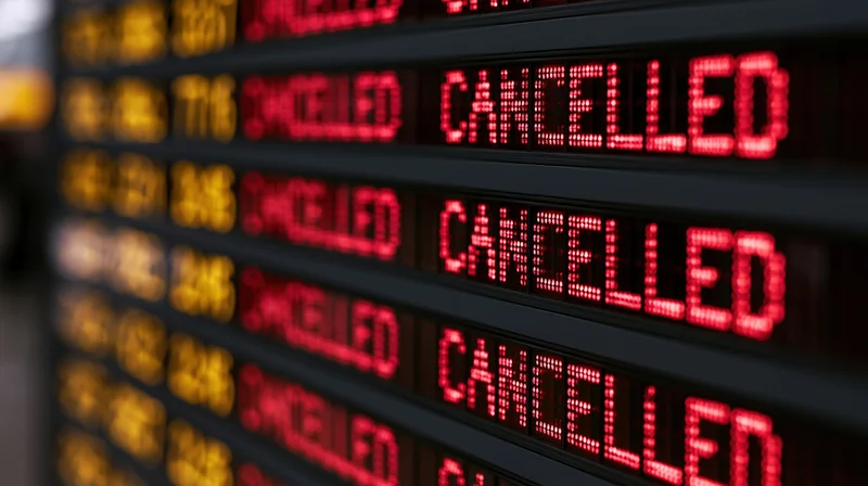 Digital departure board showing multiple flights cancelled in red led text at airport terminal