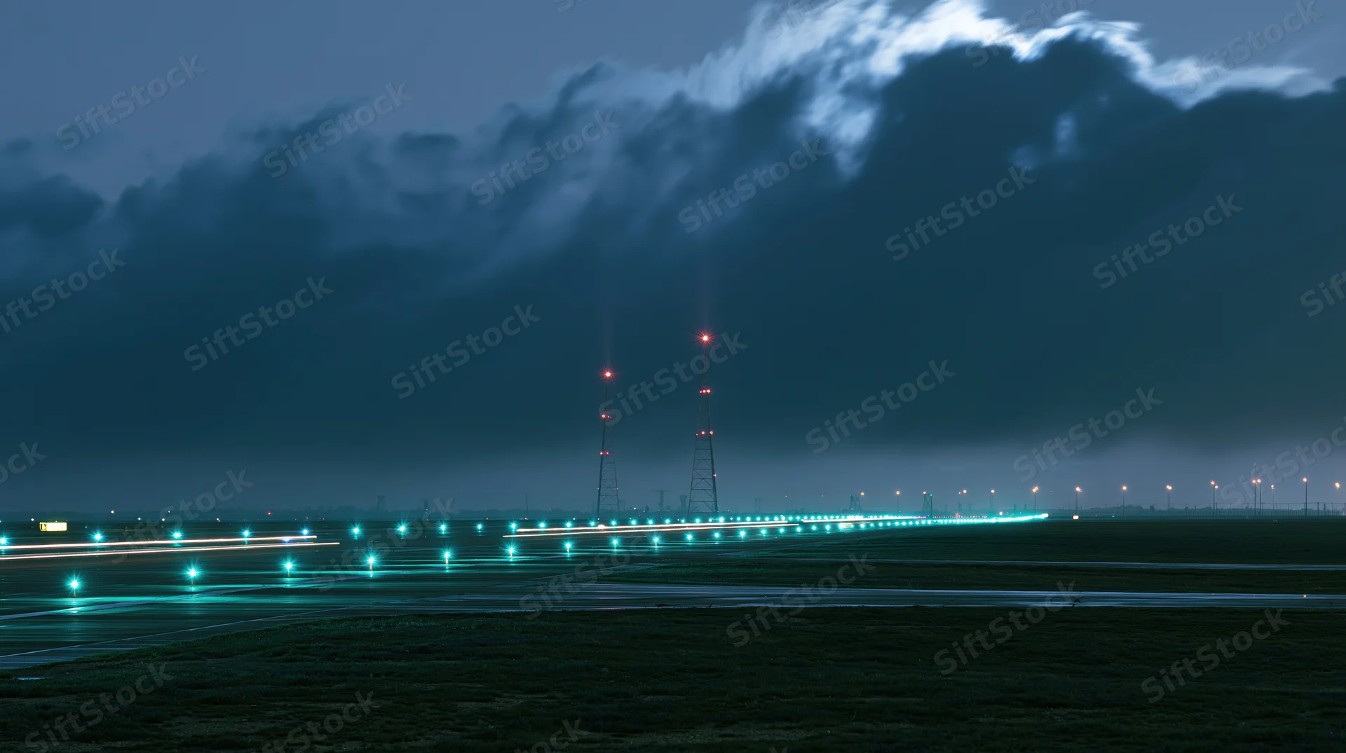 Illuminated airport runway at night with teal and white taxiway lights under cloudy sky