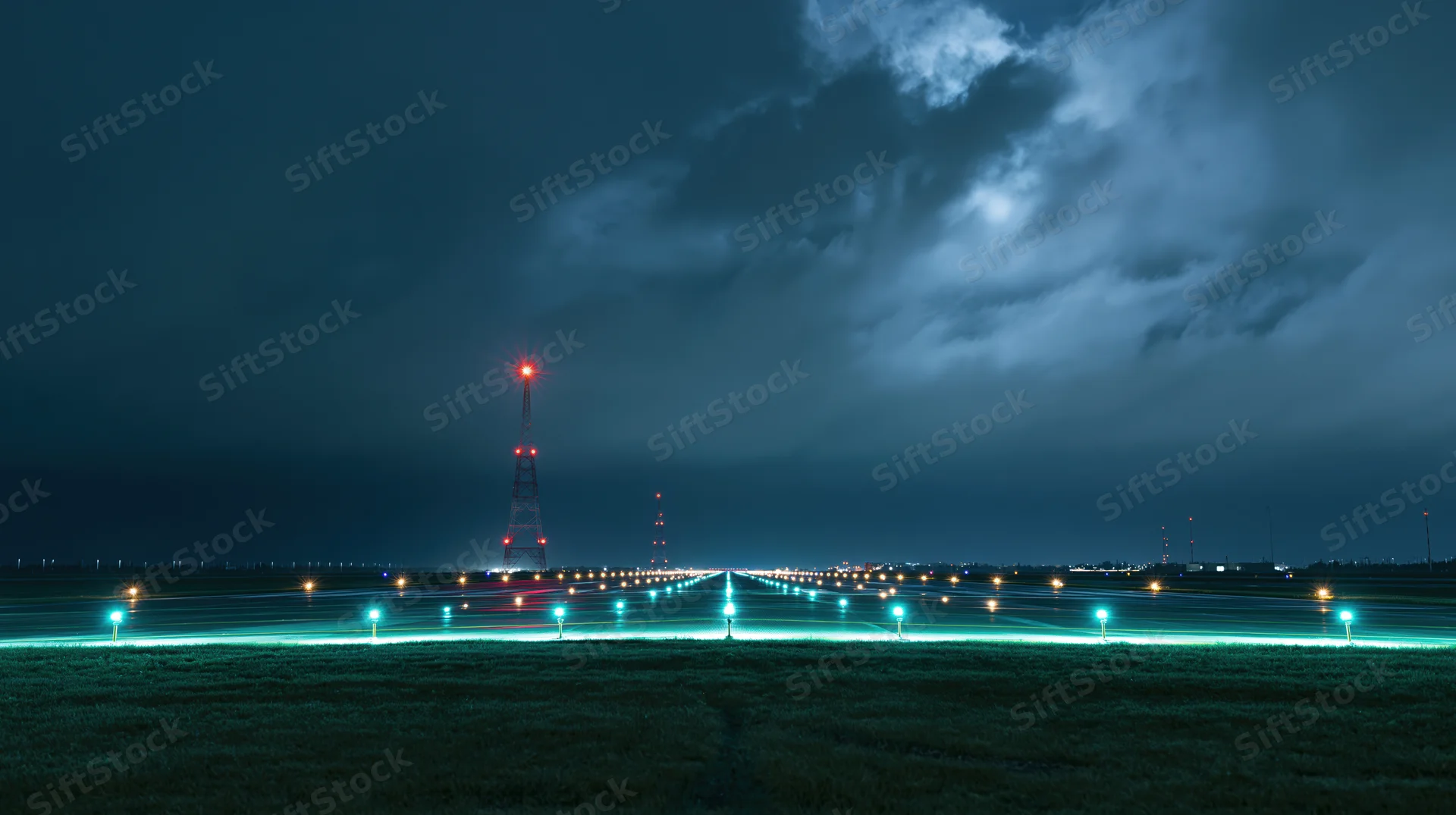 Illuminated airport runway at night with teal and white taxiway lights extending into the distance under cloudy sky