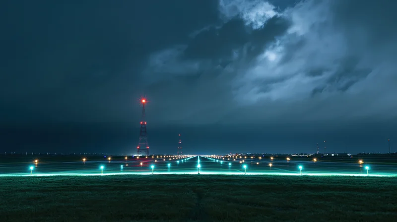Illuminated airport runway at night with teal and white taxiway lights extending into the distance under cloudy sky