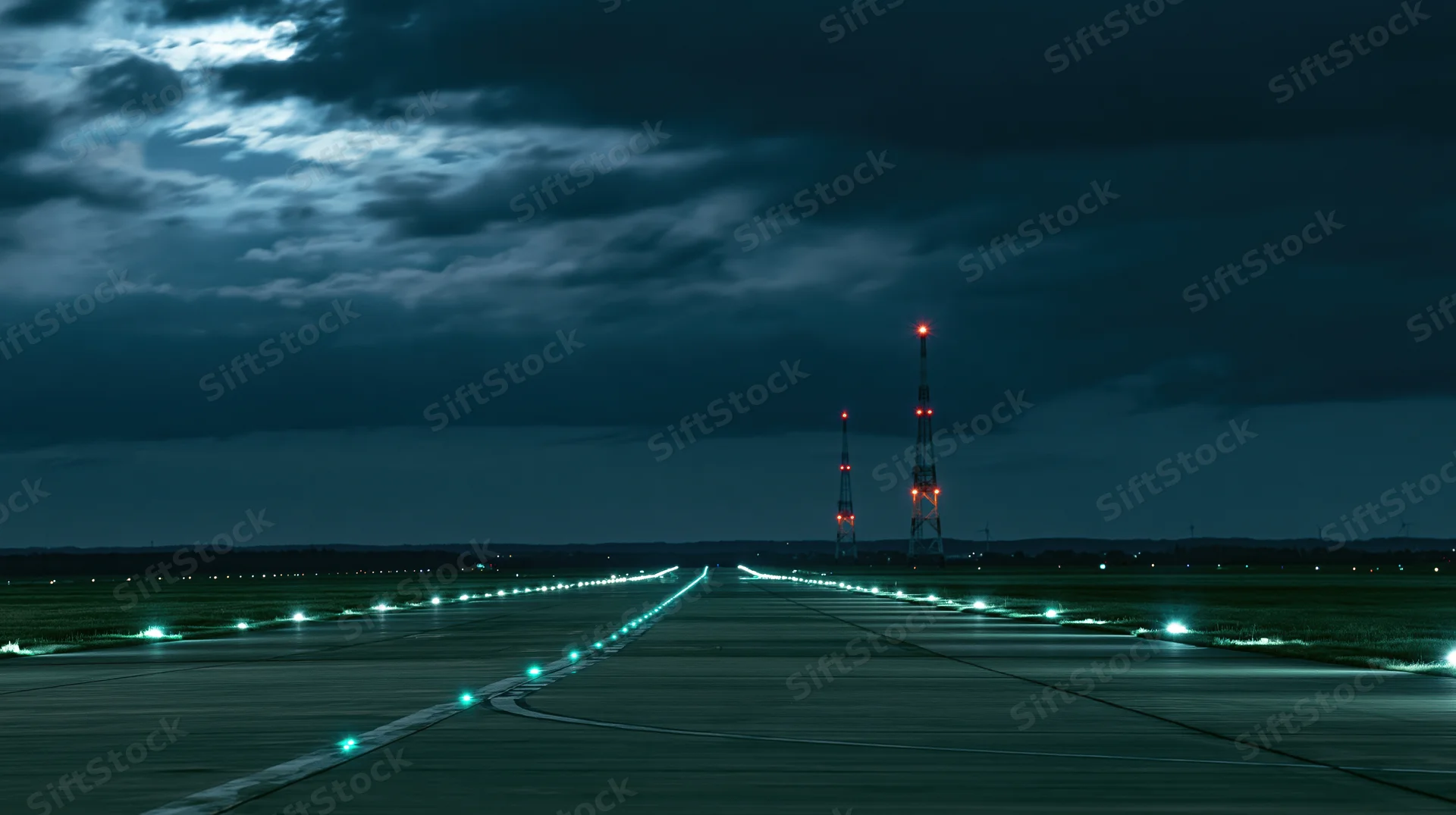 Illuminated runway at night with taxiway lights and communication towers in the distance