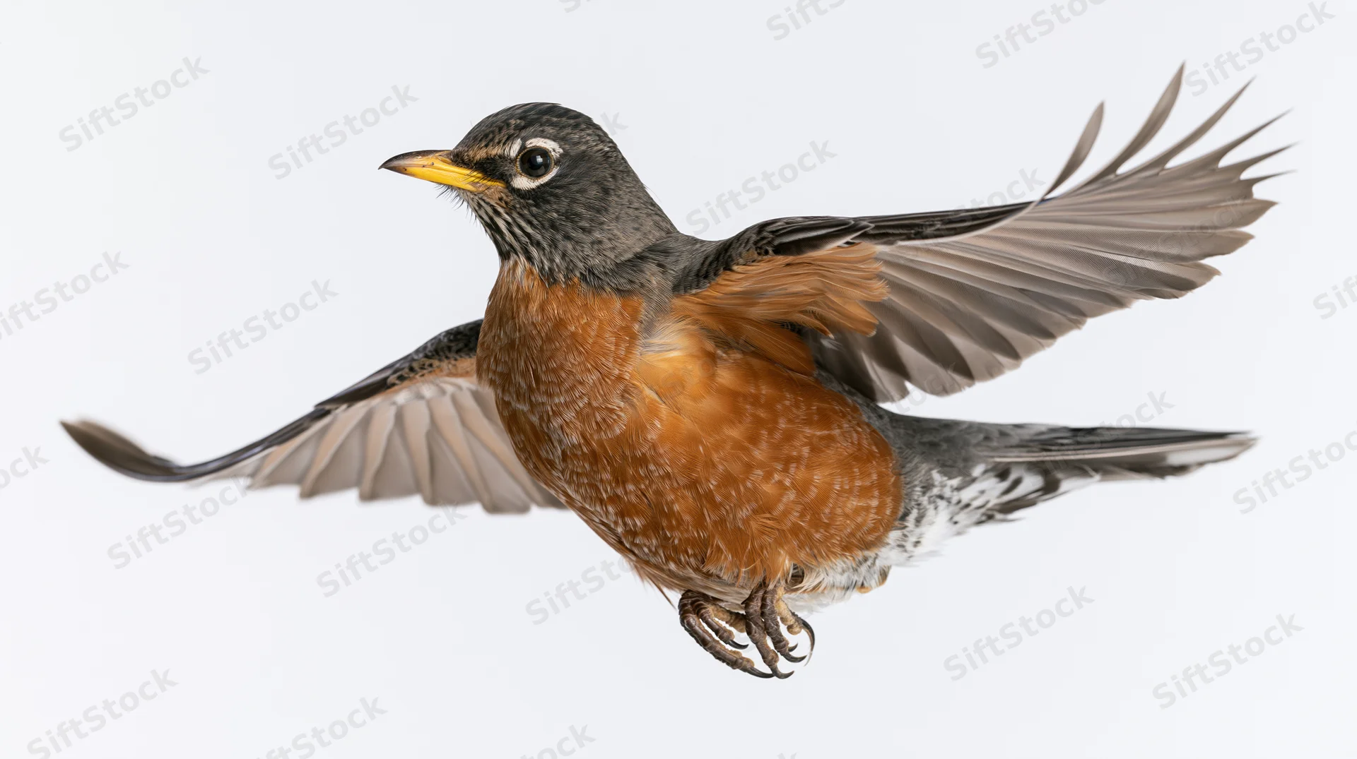 American robin in mid-flight with wings fully spread against white background