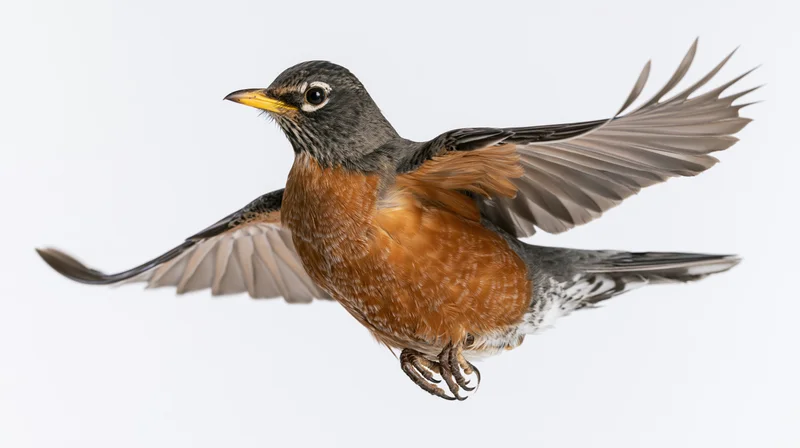 American robin in mid-flight with wings fully spread against white background