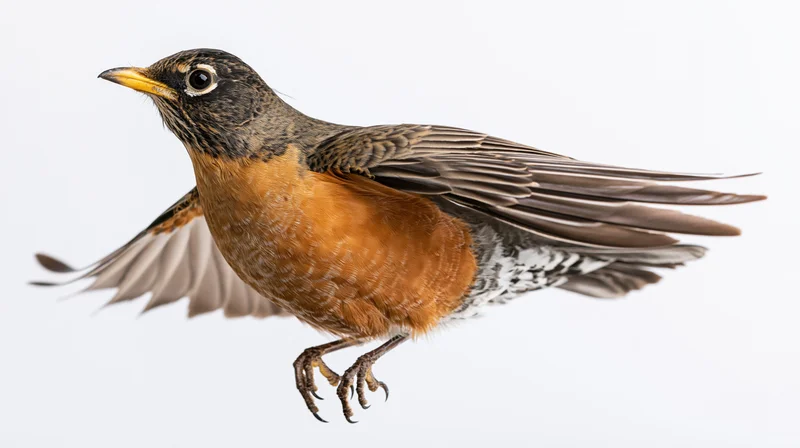 American robin in mid-flight with wings fully spread against white background