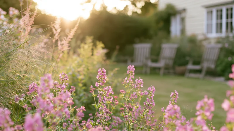 Pink flowers in full bloom in an english cottage garden with wooden chairs and a house in the background
