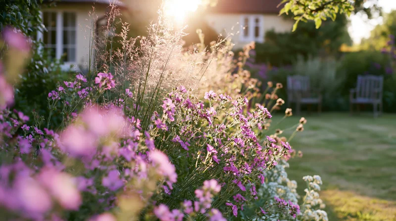 Pink wildflowers blooming in a cottage garden border with sunlight filtering through foliage and benches in the background