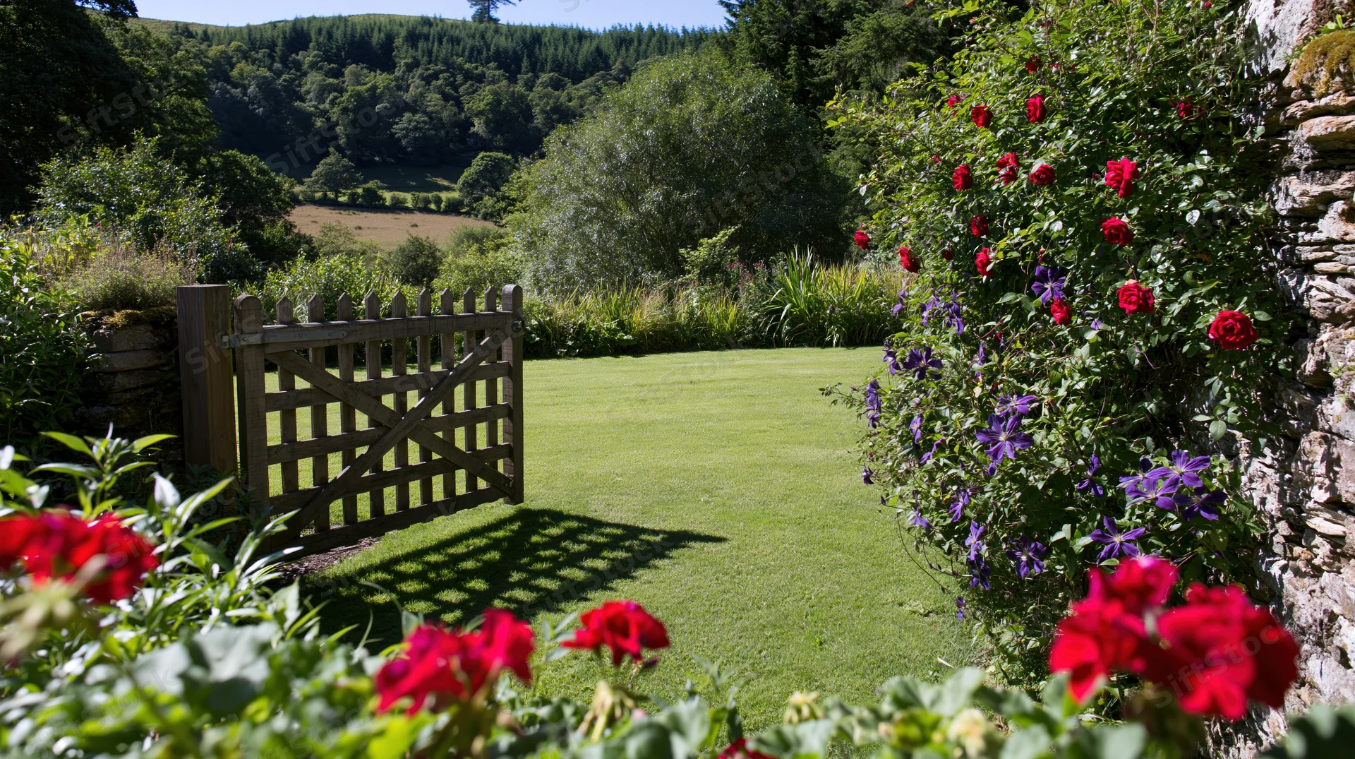 Open wooden gate leading to a manicured lawn in an english country garden surrounded by blooming roses and clematis