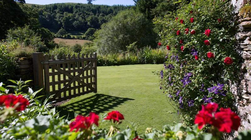 Open wooden gate leading to a manicured lawn in an english country garden surrounded by blooming roses and clematis