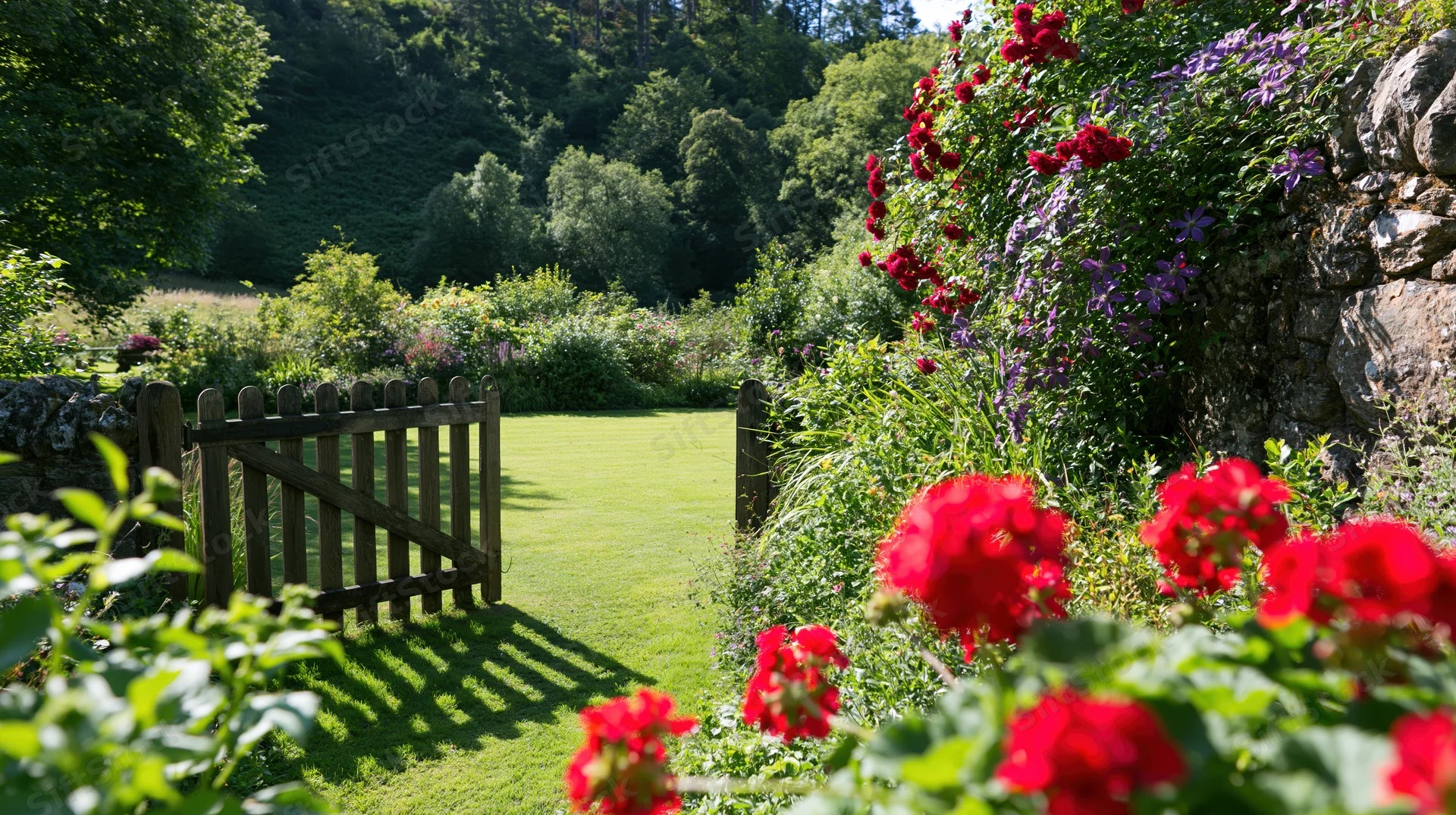 Open wooden gate in an english country garden surrounded by blooming red roses and purple clematis along a stone wall