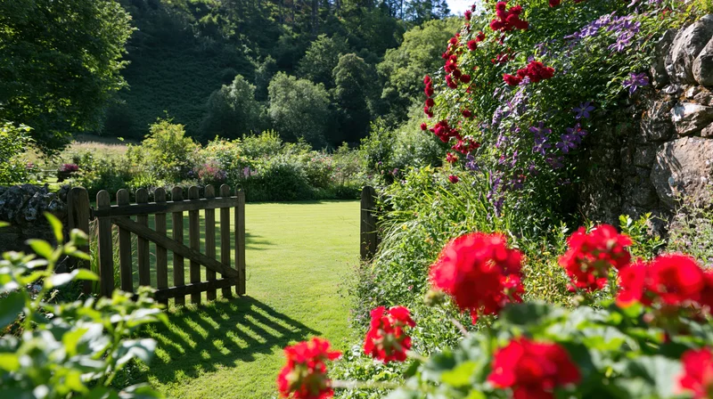 Open wooden gate in an english country garden surrounded by blooming red roses and purple clematis along a stone wall