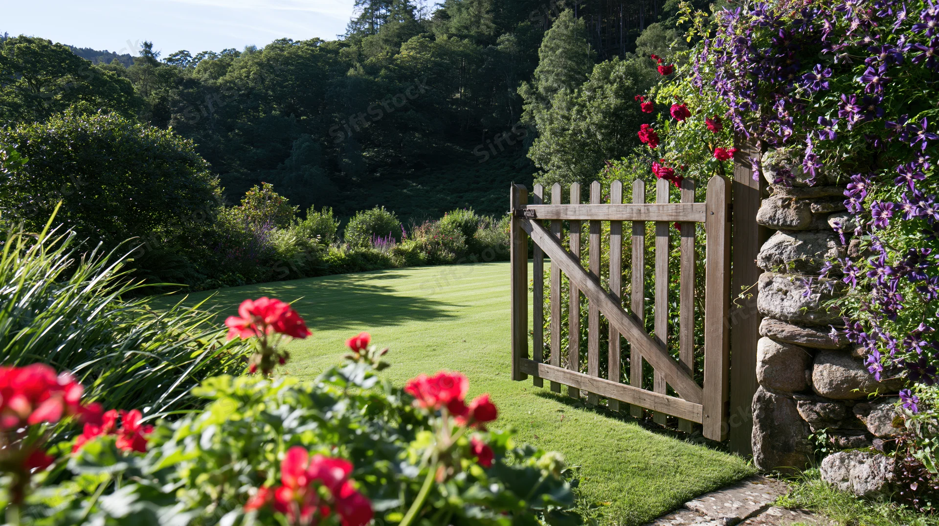 Open wooden gate leading to manicured lawn in english country garden with flowering plants and stone wall