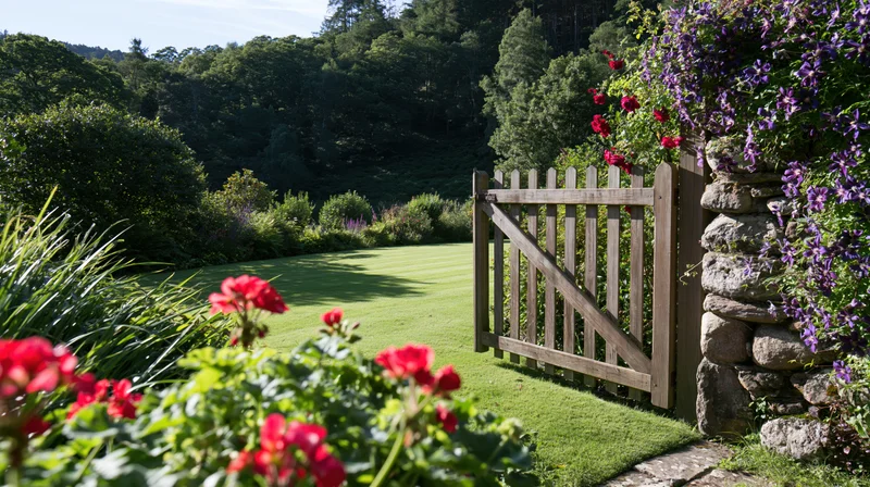 Open wooden gate leading to manicured lawn in english country garden with flowering plants and stone wall