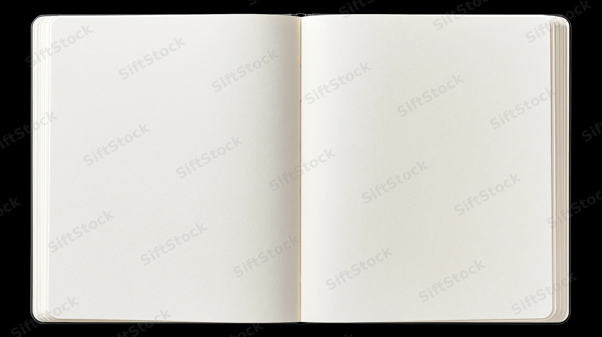 Open blank notebook lying flat with empty white pages on black background