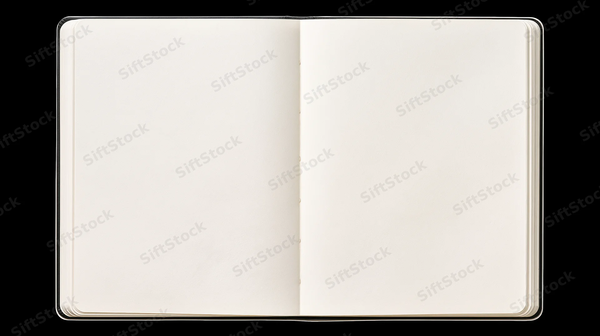 Open blank notebook lying flat with empty white pages on black background