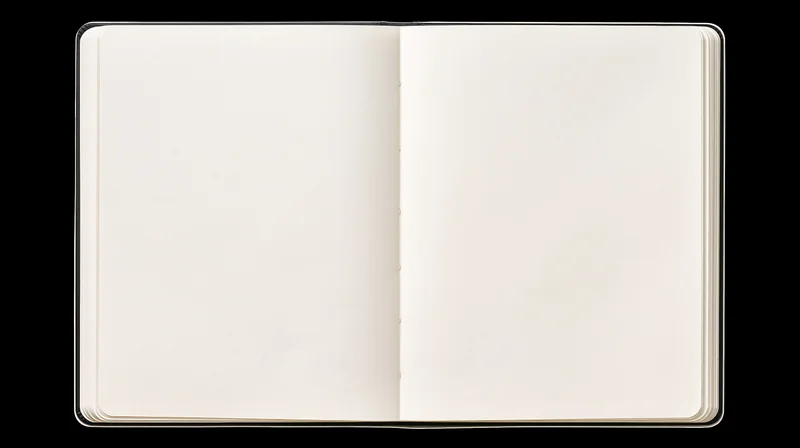Open blank notebook lying flat with empty white pages on black background
