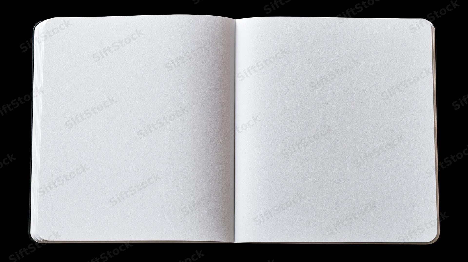 Open blank notebook lying flat with empty white pages on black background