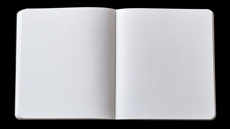 Open blank notebook lying flat with empty white pages on black background