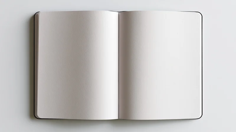 Open blank notebook lying flat on white surface with empty pages for writing or design