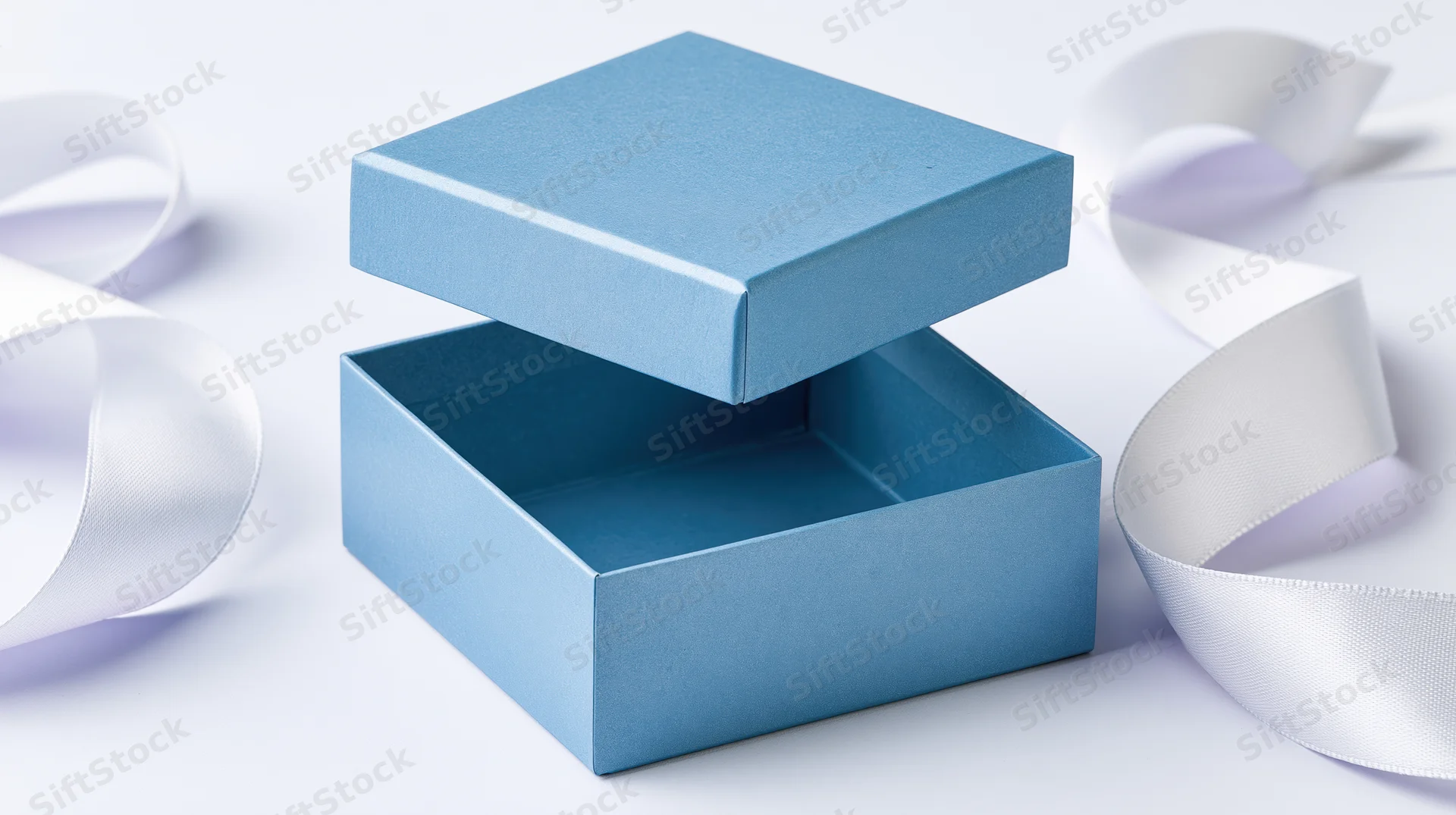 Open blue gift box with lid floating above on white surface surrounded by white ribbon