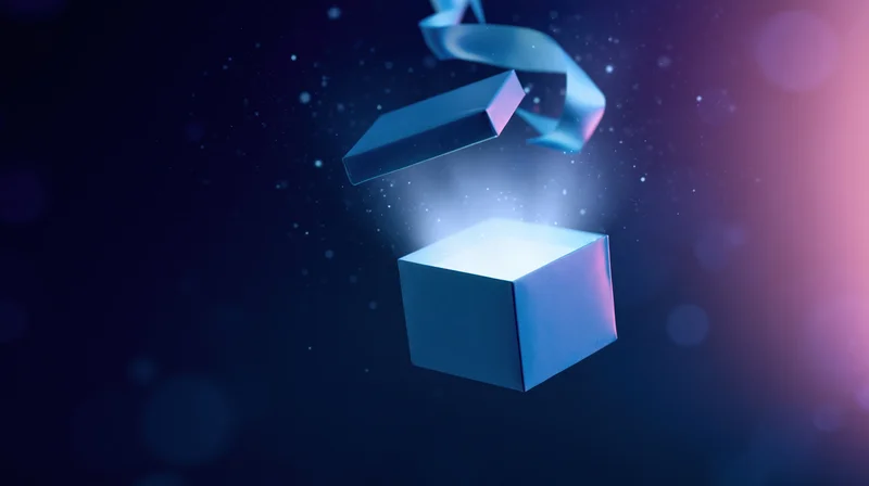 Open blue gift box with floating lid and satin ribbon glowing in dark space