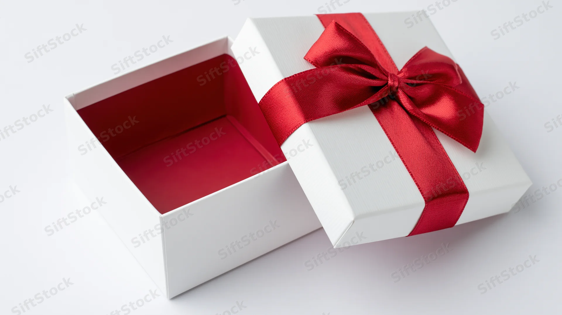 Open white gift box with red ribbon bow on plain white surface