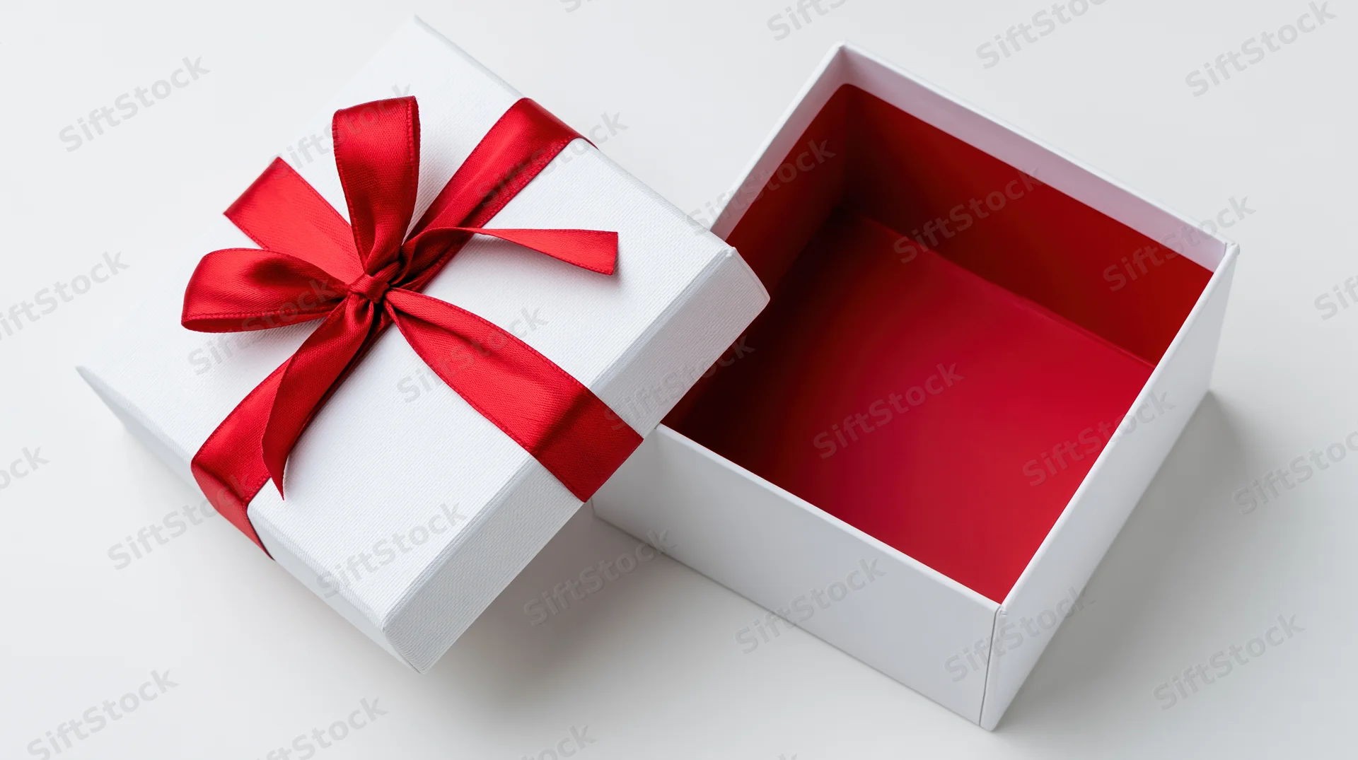 Open white square gift box with red ribbon bow lid beside empty interior on white background
