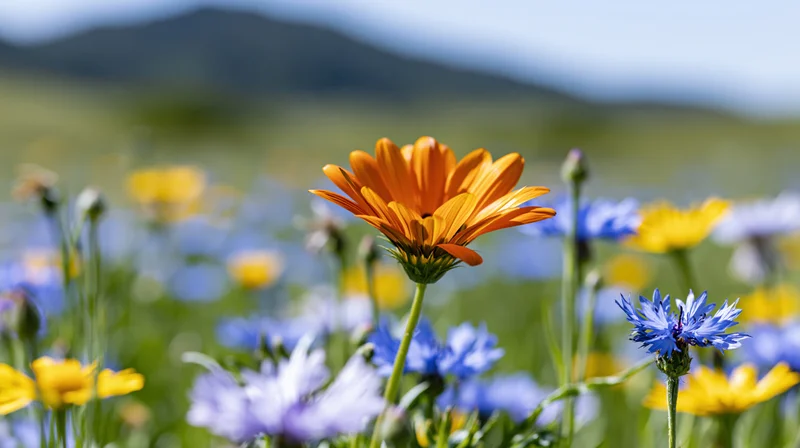 Orange gazania wildflower in full bloom among blue and yellow flowers in a green meadow with mountains in the background