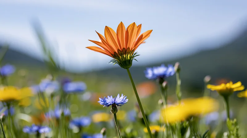 Orange gazania wildflower in full bloom standing among blue and yellow flowers in a meadow with mountains in the background