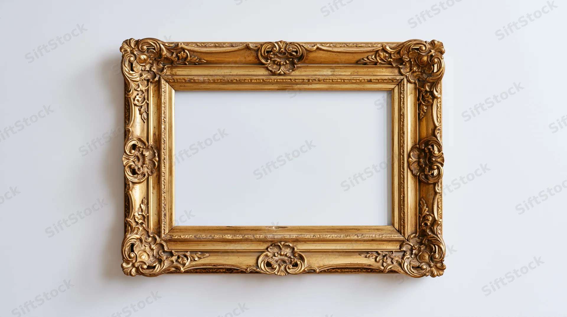 Ornate gold baroque frame with floral carvings hanging on white wall