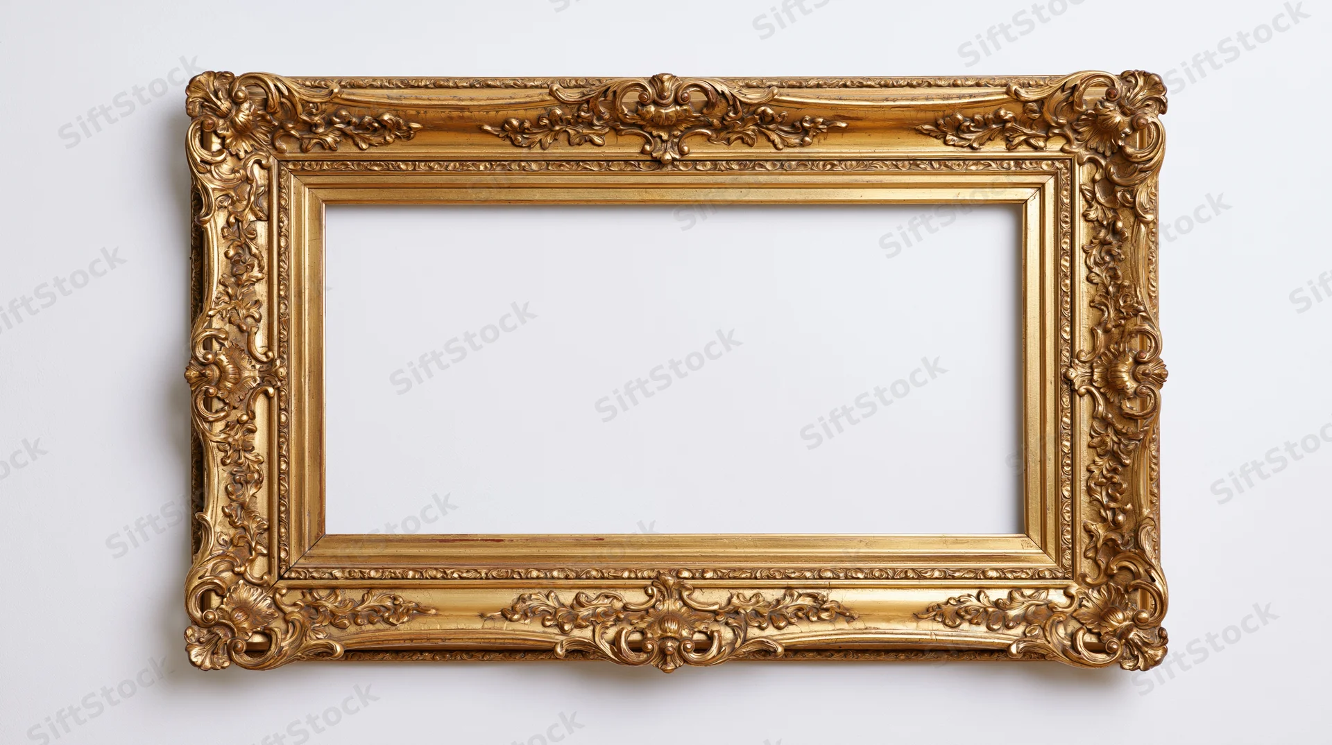 Ornate gold baroque frame with carved floral details hanging on white wall