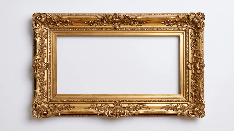 Ornate gold baroque frame with carved floral details hanging on white wall