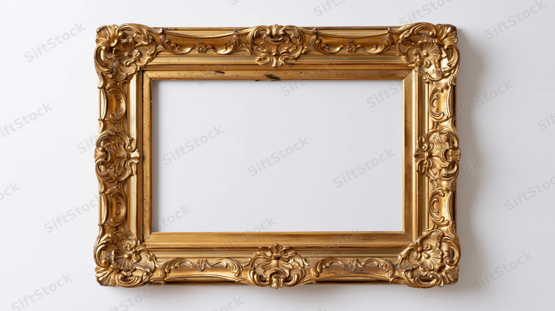 Ornate gold picture frame with baroque carvings hanging on a white wall