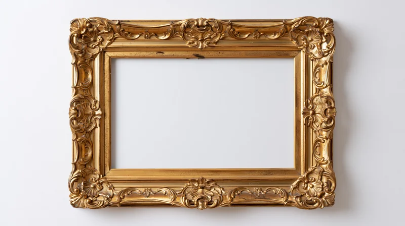 Ornate gold picture frame with baroque carvings hanging on a white wall
