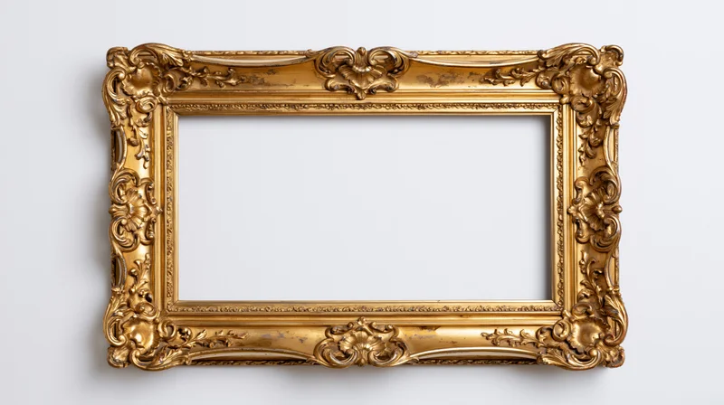 Ornate gold baroque frame with floral carvings hanging on white wall