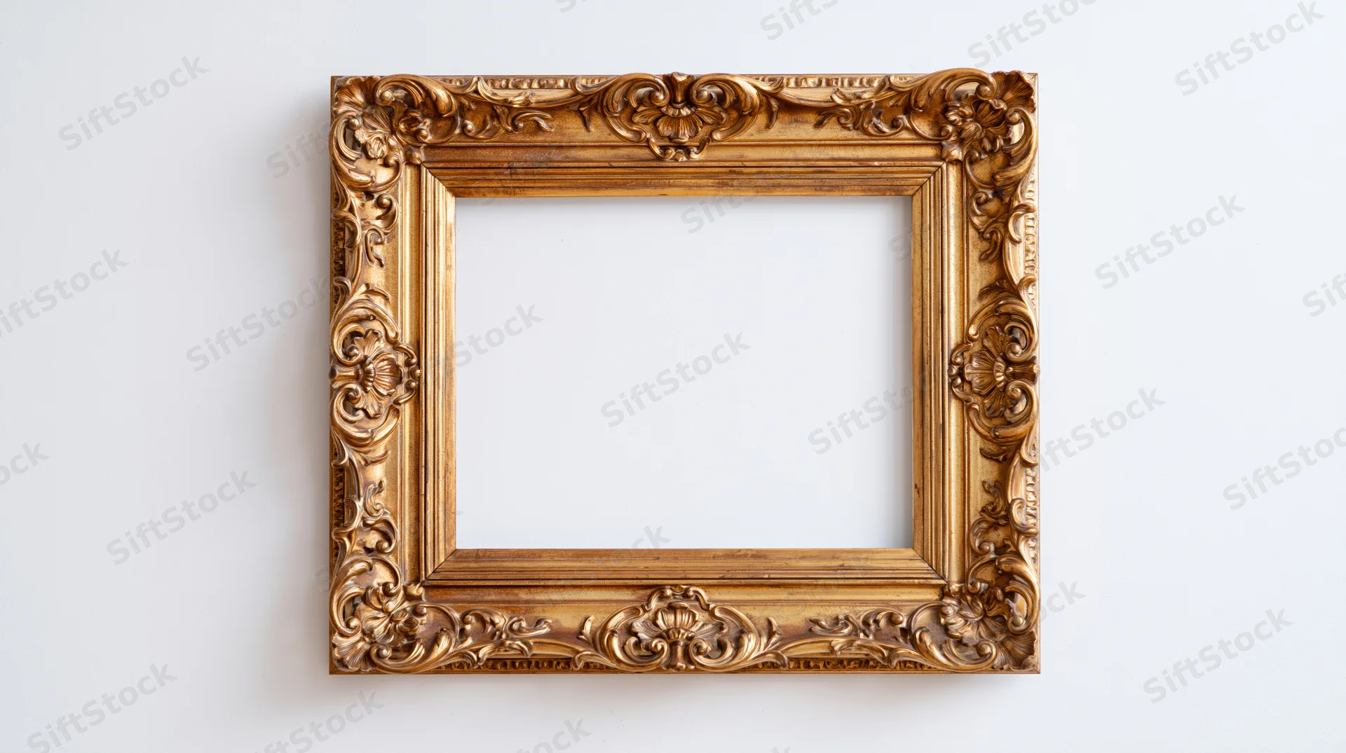 Ornate gold baroque frame with floral carvings hanging on white wall