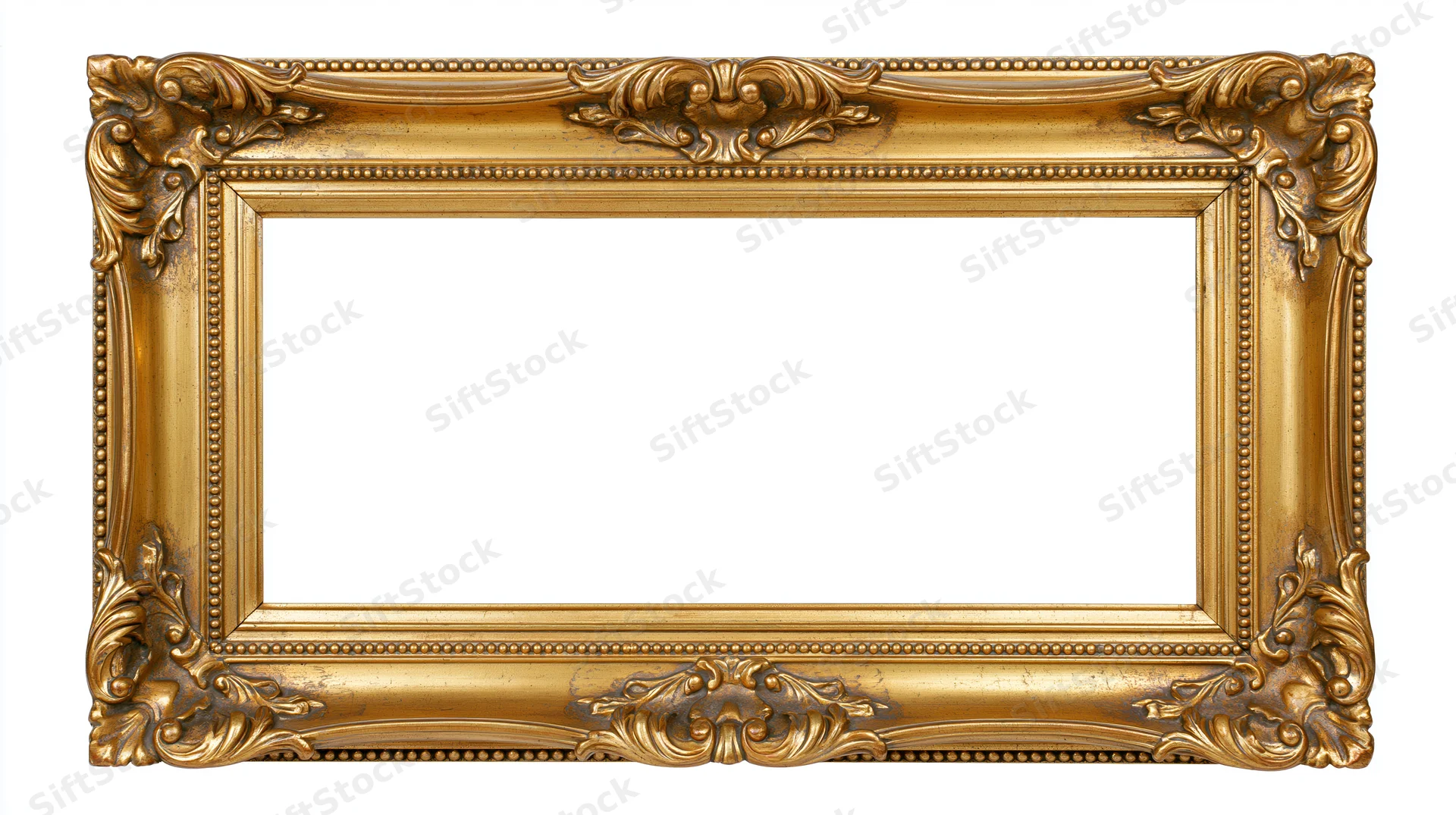 Ornate gold baroque frame with carved details isolated on white background
