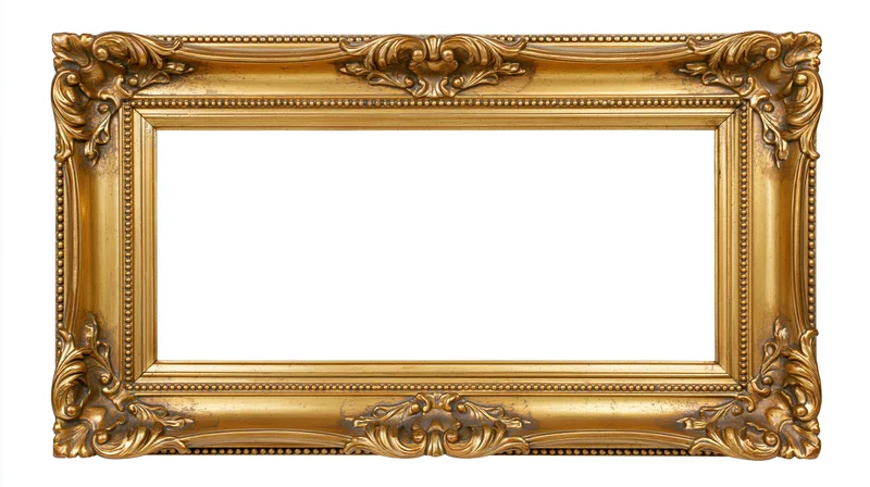 Ornate gold baroque frame with carved details isolated on white background