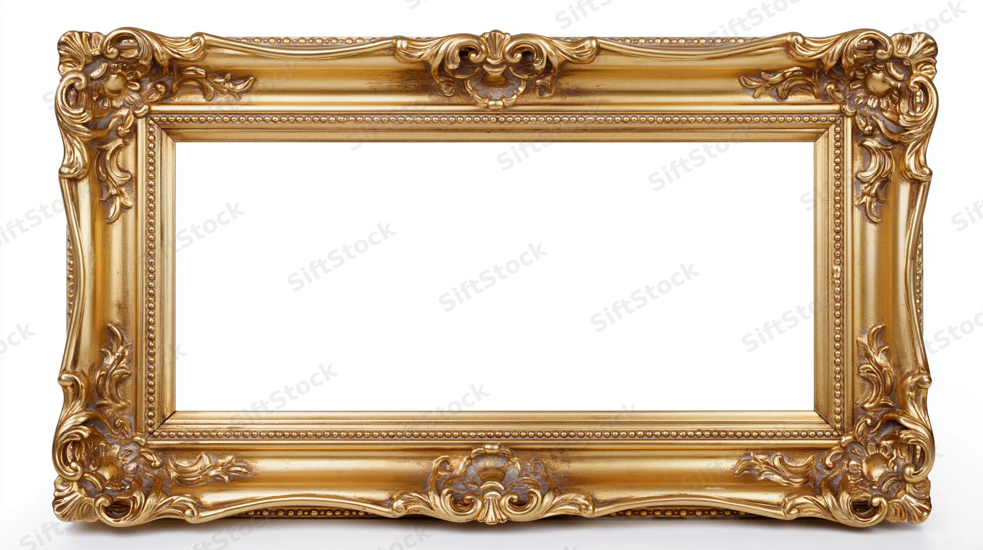 Ornate gold baroque picture frame with carved floral details on white background
