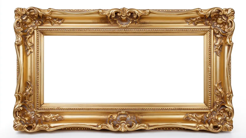 Ornate gold baroque picture frame with carved floral details on white background