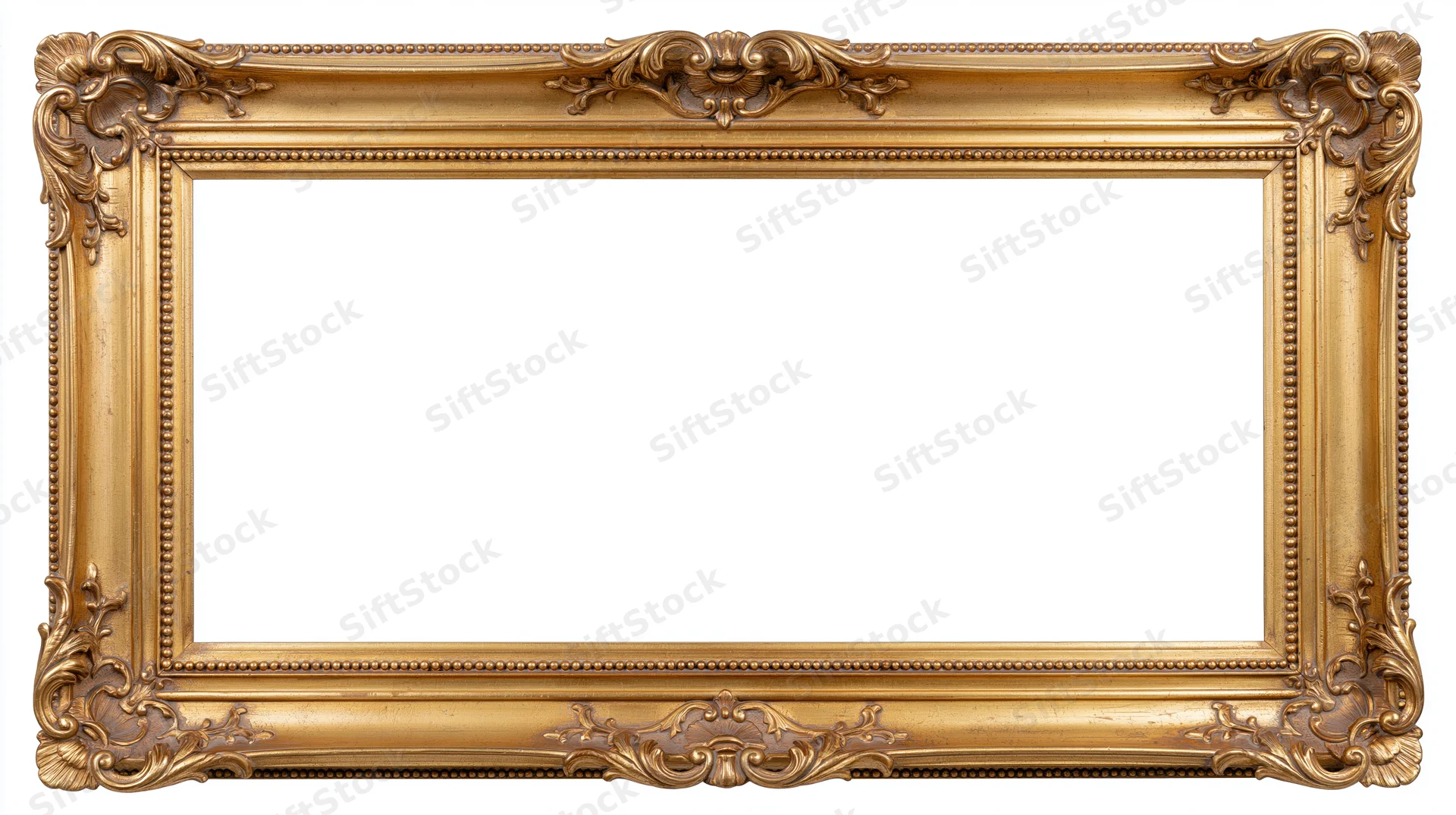 Ornate gold baroque picture frame with carved scrollwork details isolated on white