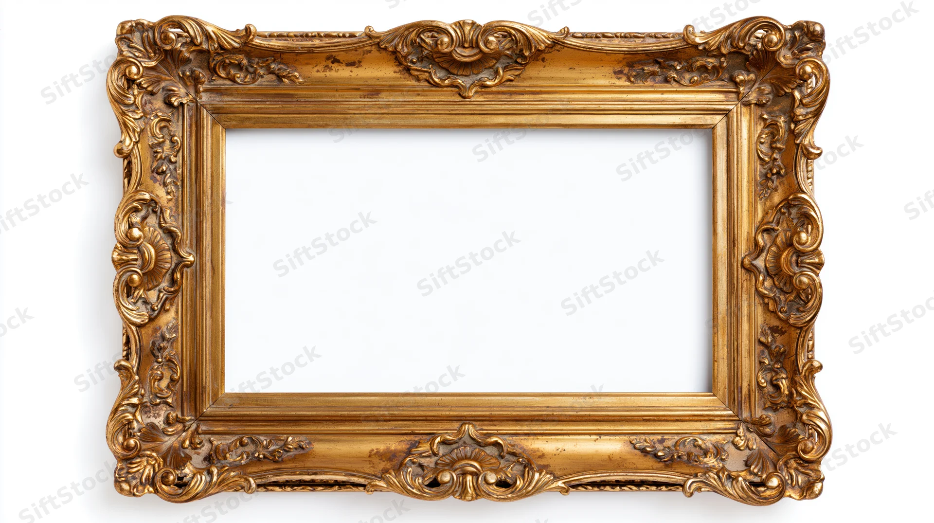 Ornate antique gold picture frame with baroque carvings isolated on white background