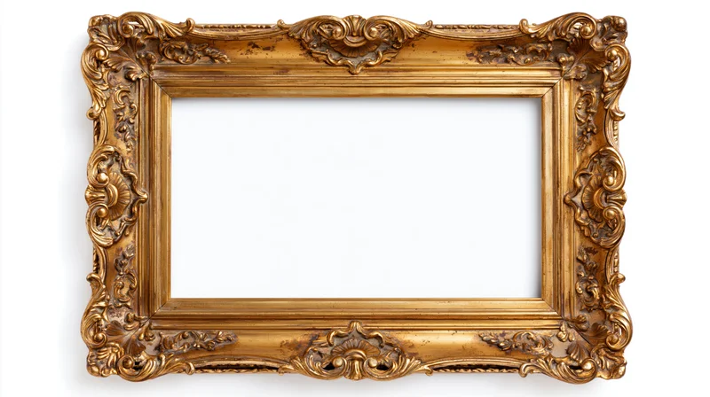 Ornate antique gold picture frame with baroque carvings isolated on white background