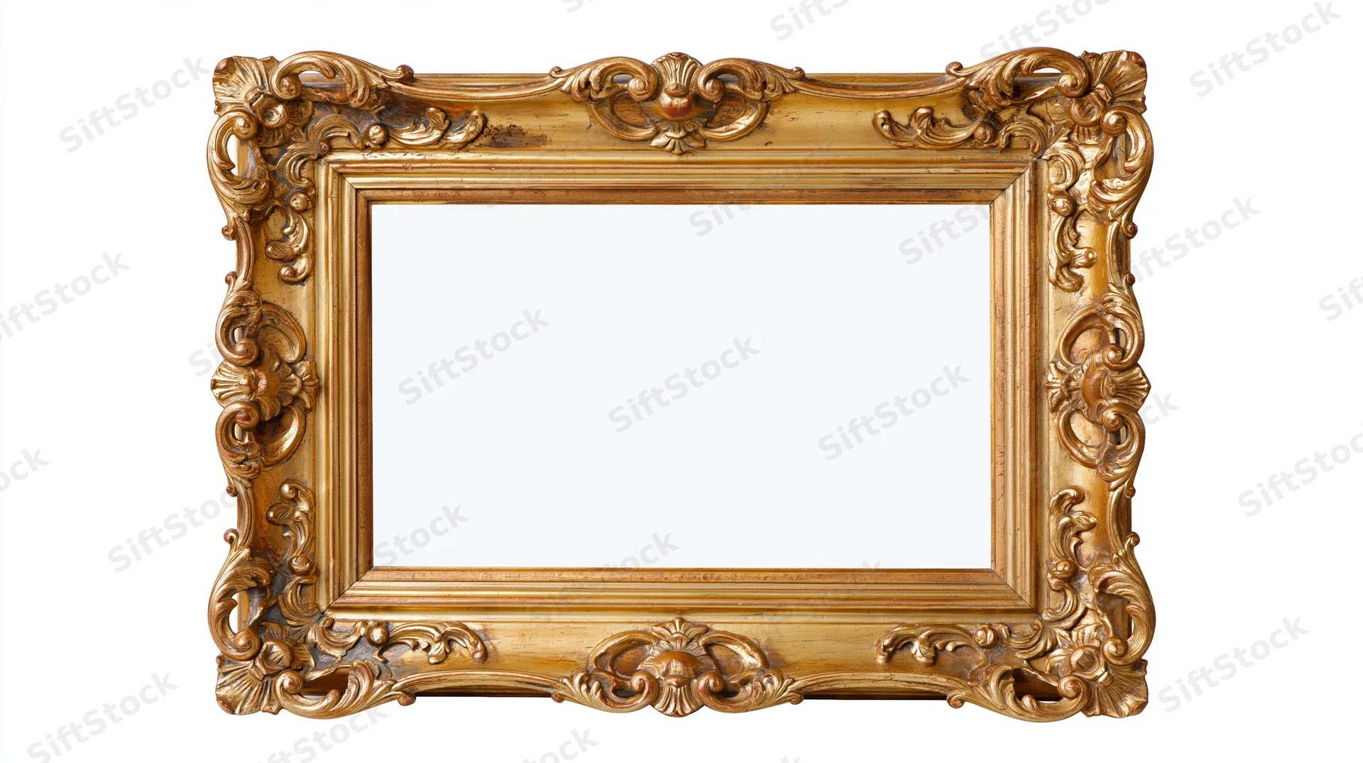 Ornate antique gold picture frame with baroque carved scrollwork isolated on white background