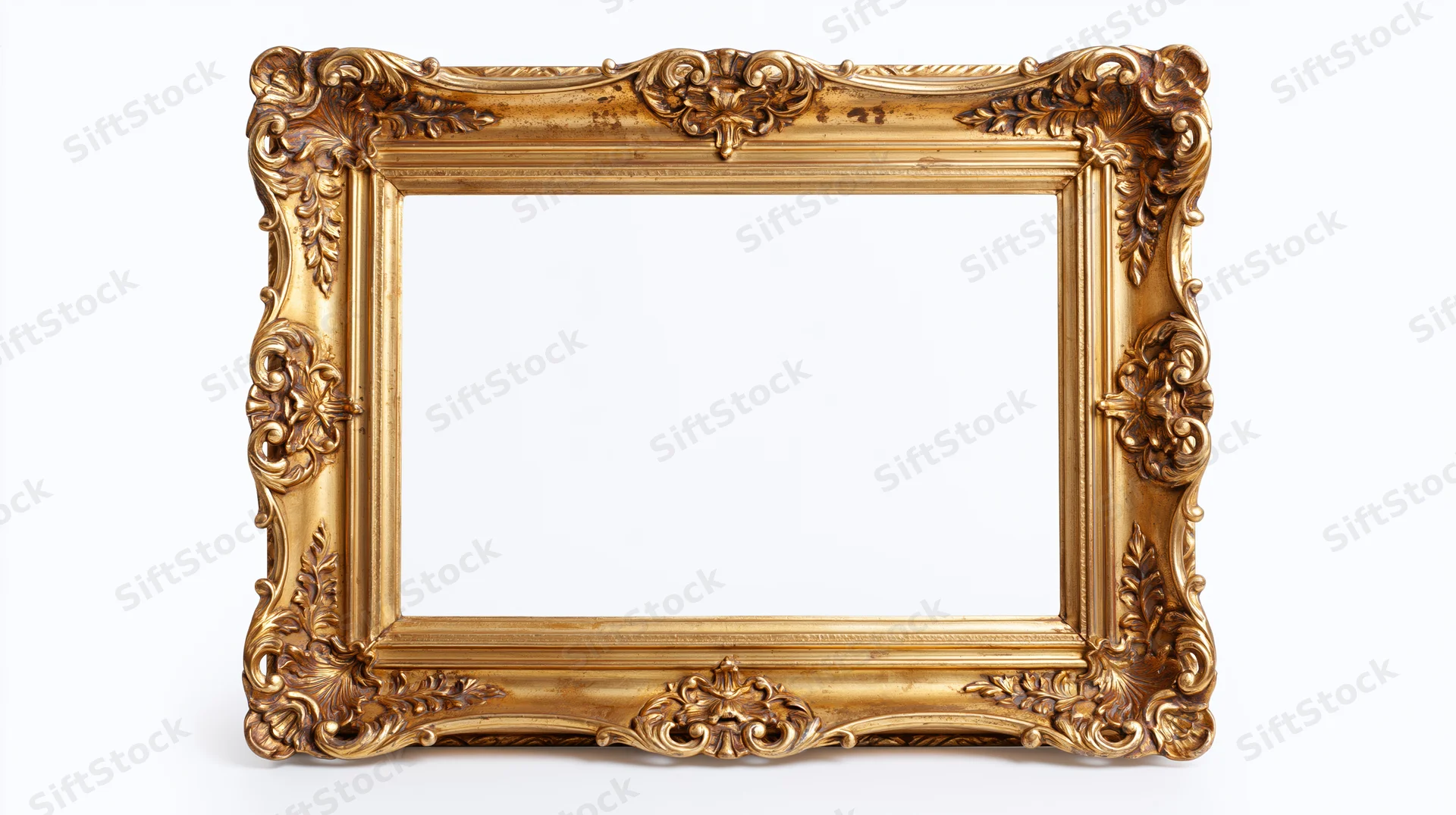 Ornate antique gold picture frame with baroque carvings isolated on white background
