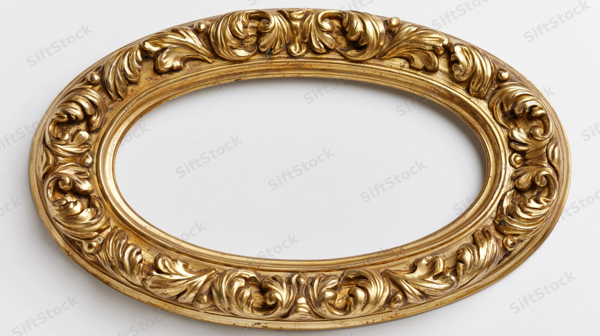 Ornate antique oval frame with baroque carved leaf details on white background
