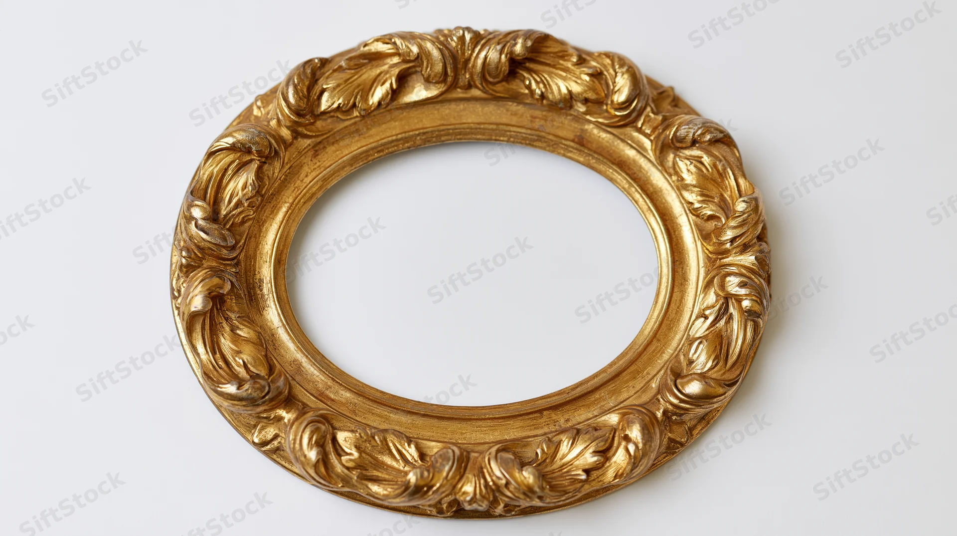 Ornate antique oval frame with baroque carved leaf details on white background