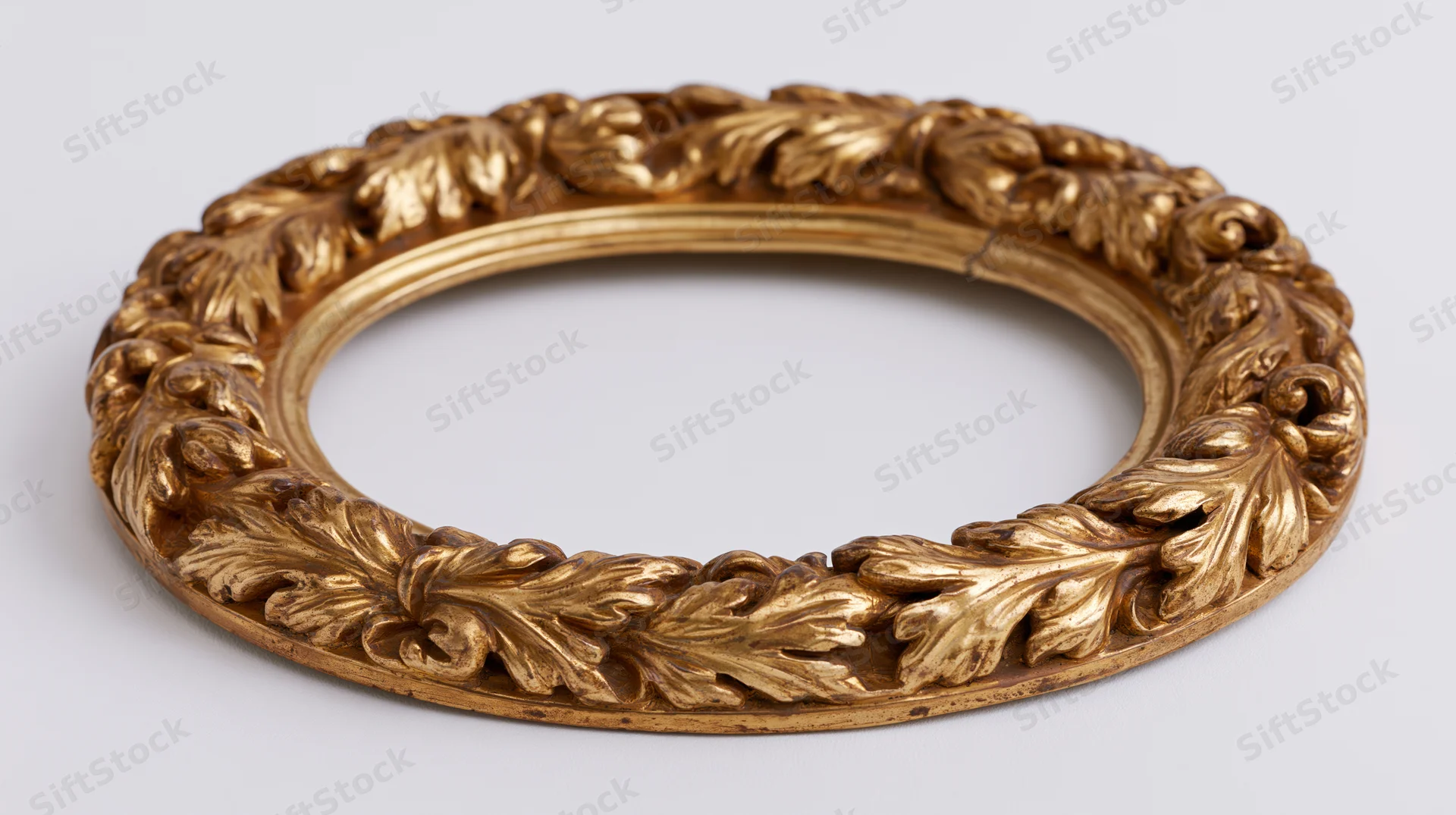 Ornate antique oval frame with baroque carved leaf detailing on white background
