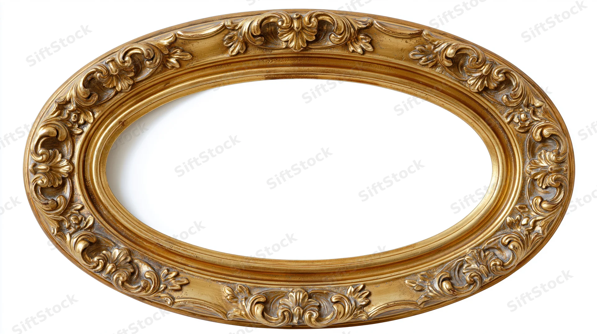 Ornate antique oval frame with baroque carved leaf details isolated on white